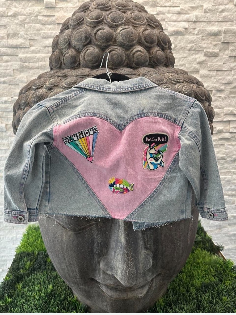BNWT custom upcycled kids toddler Denim jacket heart empowerment patches 12T